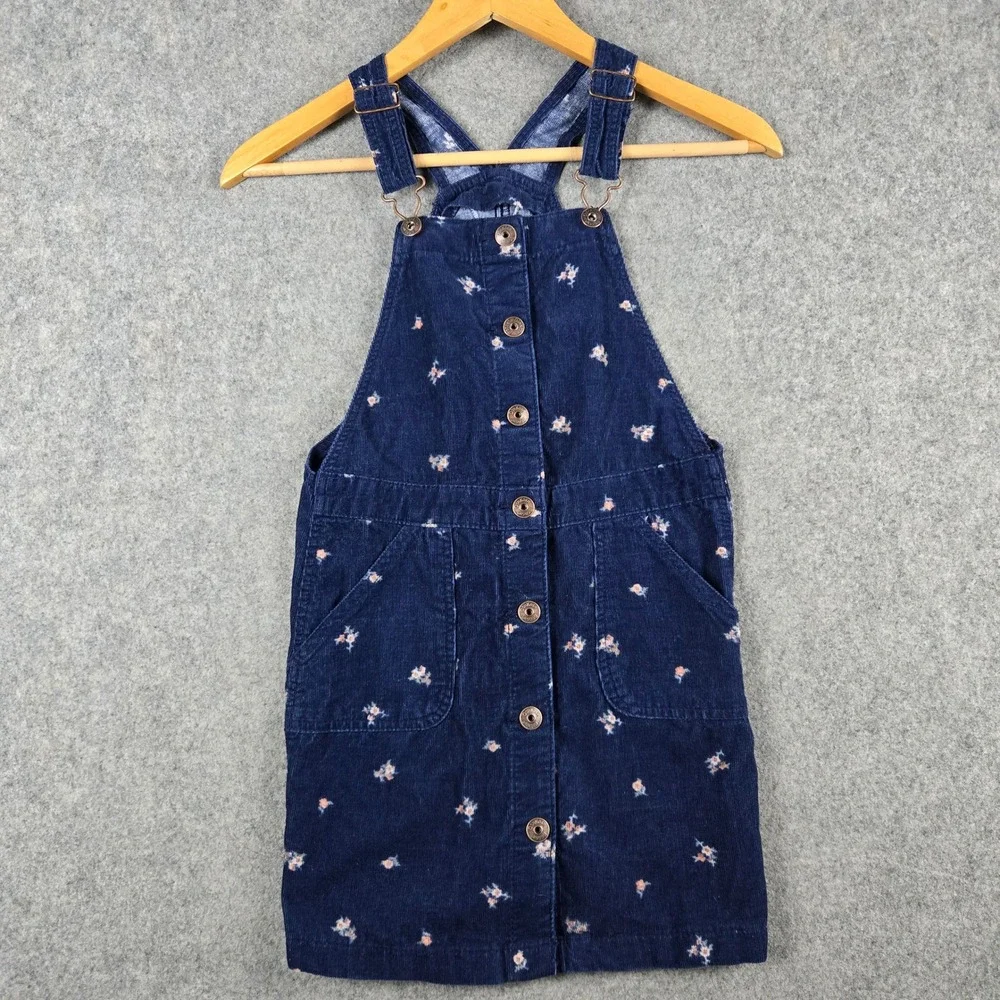 OshKosh B'gosh Floral Corduroy Jumper Dress Girls Size 10 Navy Blue Pinafore